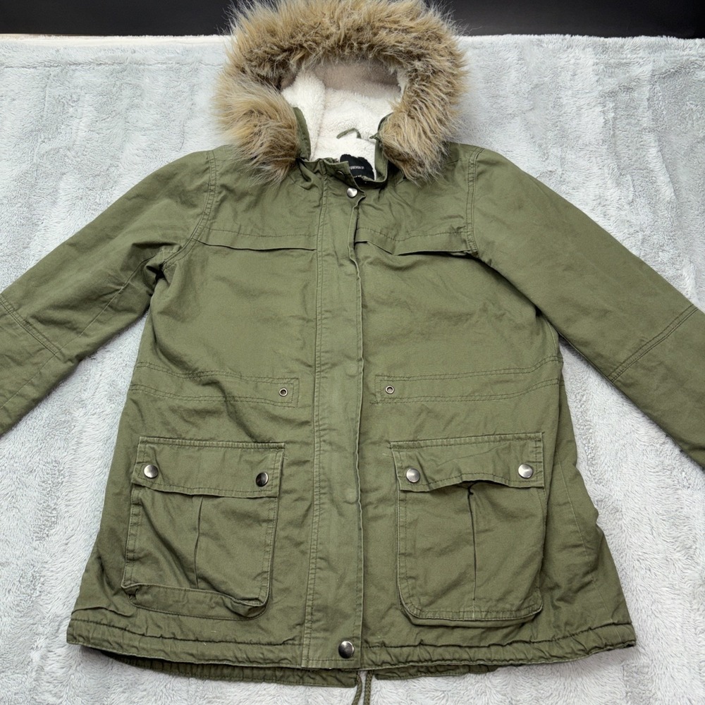 Forever 21 Utility Parka Jacket Womens SM Green Sherpa Lined Hood ***PLZ READ***